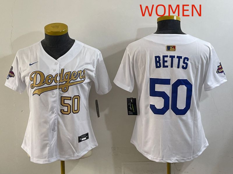 Women Los Angeles Dodgers #50 Betts White Champion edition Nike MLB Jersey style 004